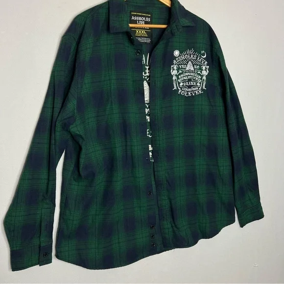 A**Holes Live Forever Green Blue Plaid Long Sleeve Mens Embroidered Shirt XXXL - Picture 3 of 10